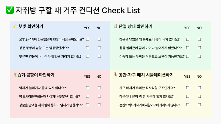 원룸구하기+살기좋은집+자취방체크리스트+원룸보러갈때+자취방보기팁+원룸고르는법+자취방계약전확인사항+방볼때체크리스트+햇빛잘드는방+단열좋은집